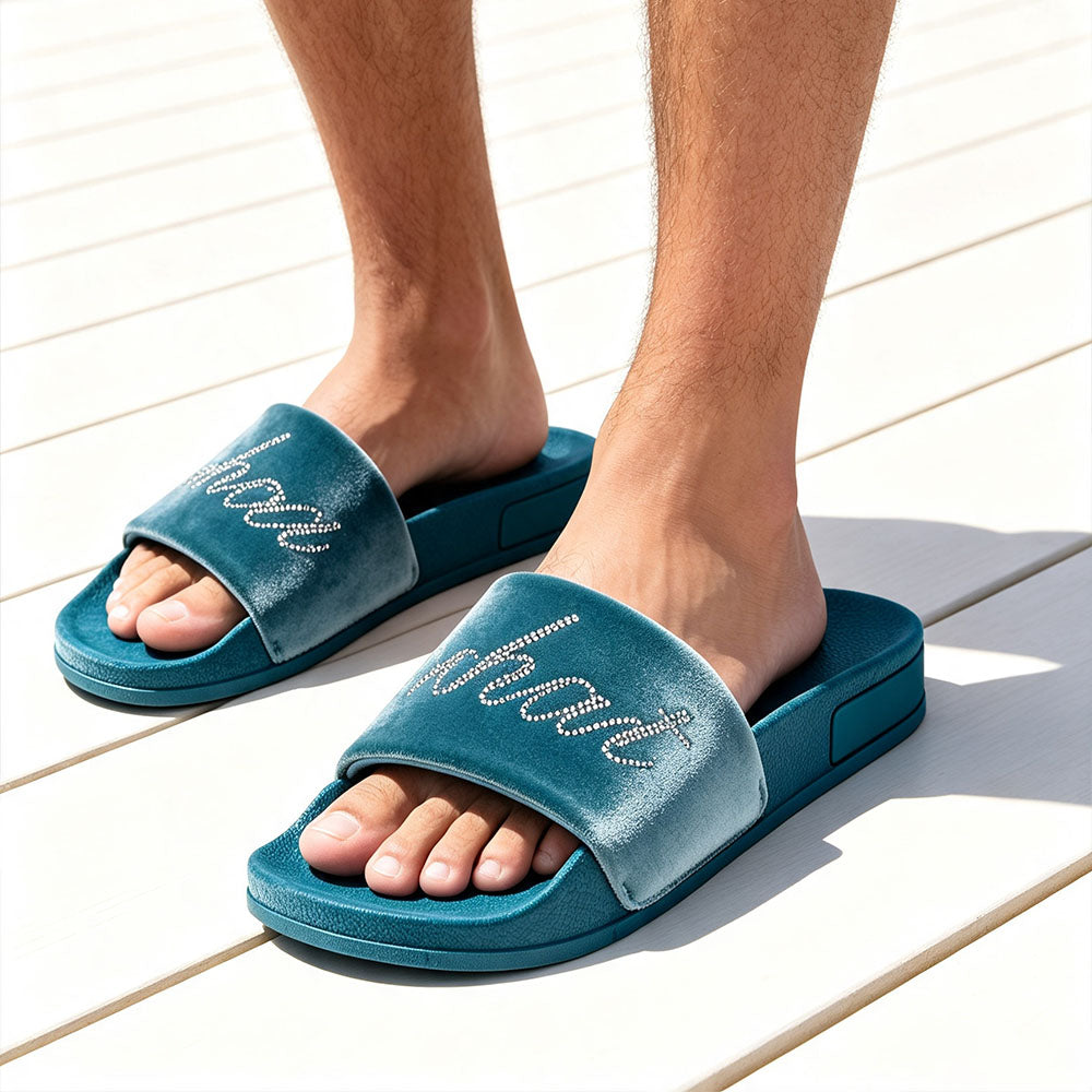 Men Luxury Velvet Slide Sandals, Sparkly Rhinestone Cursive Letter Slip On Open Toe Slippers, Soft Comfort Non-Slip Flat Casual Slides for Street, Pool, Home Daily Wear