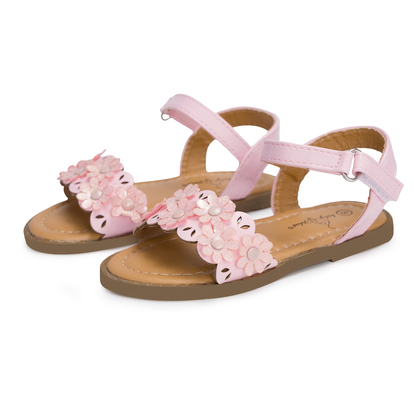 Toddler Girls Flower Sandals, Open Toe Princess Summer Sandals with Adjustable Ankle Strap, Cute Pearl Floral Flat Dress Shoes for Little Kids Walking