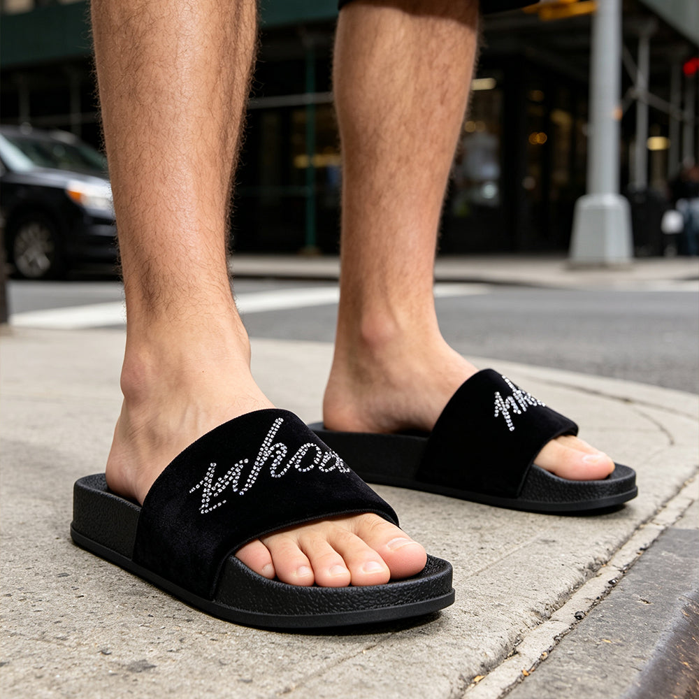 Men Rhinestone Velvet Slide Slippers, Open Toe Platform Slip On Sandals Non Slip Casual Slides Indoor & Outdoor