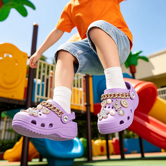 Kids Platform Clogs, Girls Decorative Rhinestone Pearl Chain Charms Clogs, Cute Lightweight EVA Slip On Garden Shoes, Anti-Slip Beach Water Sandals for Toddler Little Kids