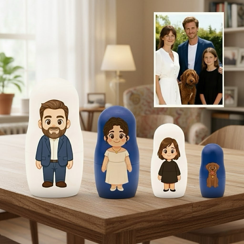 (5 Working Days Production) Personalized Family Portrait Nesting Doll with Box Custom Photo into Cartoon Style Preview Christmas Gift