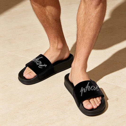 Men Rhinestone Velvet Slide Slippers, Open Toe Platform Slip On Sandals Non Slip Casual Slides Indoor & Outdoor