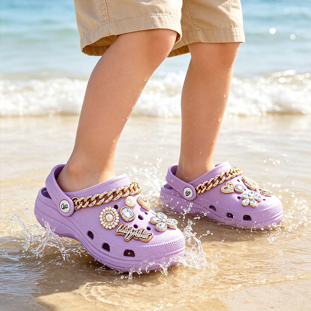 Kids Platform Clogs, Girls Decorative Rhinestone Pearl Chain Charms Clogs, Cute Lightweight EVA Slip On Garden Shoes, Anti-Slip Beach Water Sandals for Toddler Little Kids