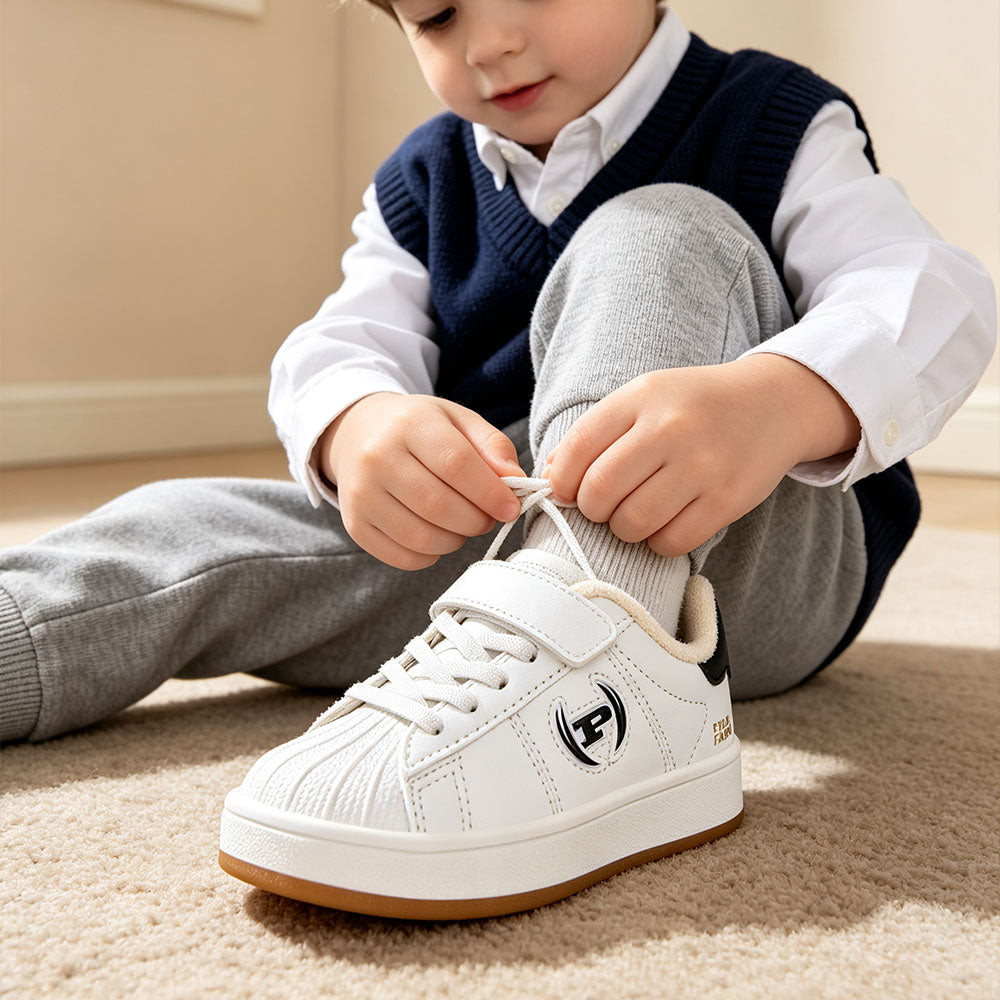 Toddler Boys Girls Warm Lined Shell Toe Sneakers, Winter Fleece Lined Kids Casual White Skate Shoes, Adjustable Hook and Loop Non Slip Rubber Sole Walking Shoes for Little Kids