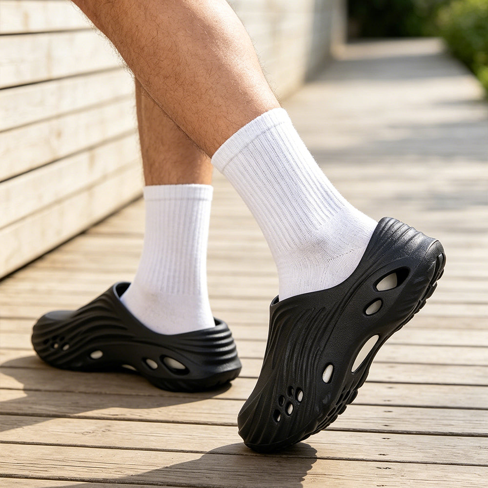 Men's Wave Textured Slip On Clogs, Lightweight EVA Hollow Out Slide Mules, Breathable Platform Water Shoes Non Slip Quick Dry Garden Beach Shower Slippers