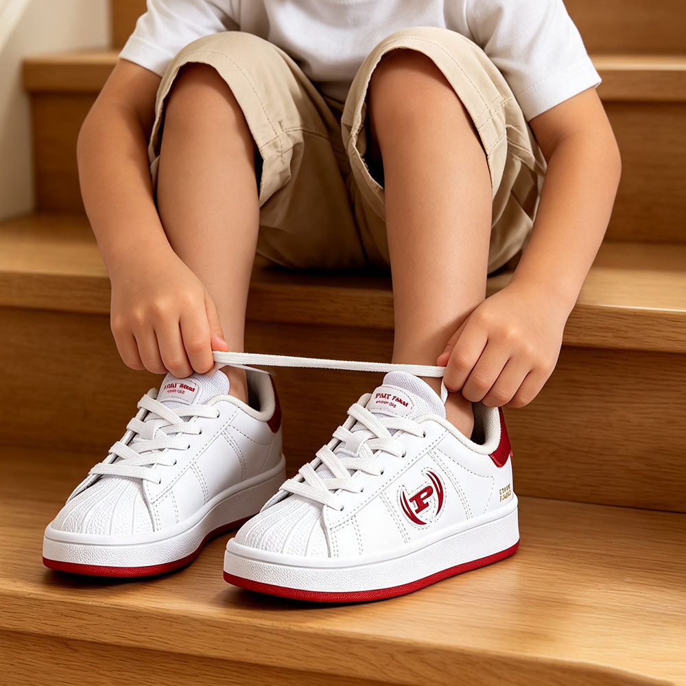 Kids Shell Toe Sneakers, Boys White Red Casual Skate Shoes, Lightweight Leather Walking Shoes, Non Slip Lace Up Toddler Little Kids Fashion Sport Sneakers for Daily School