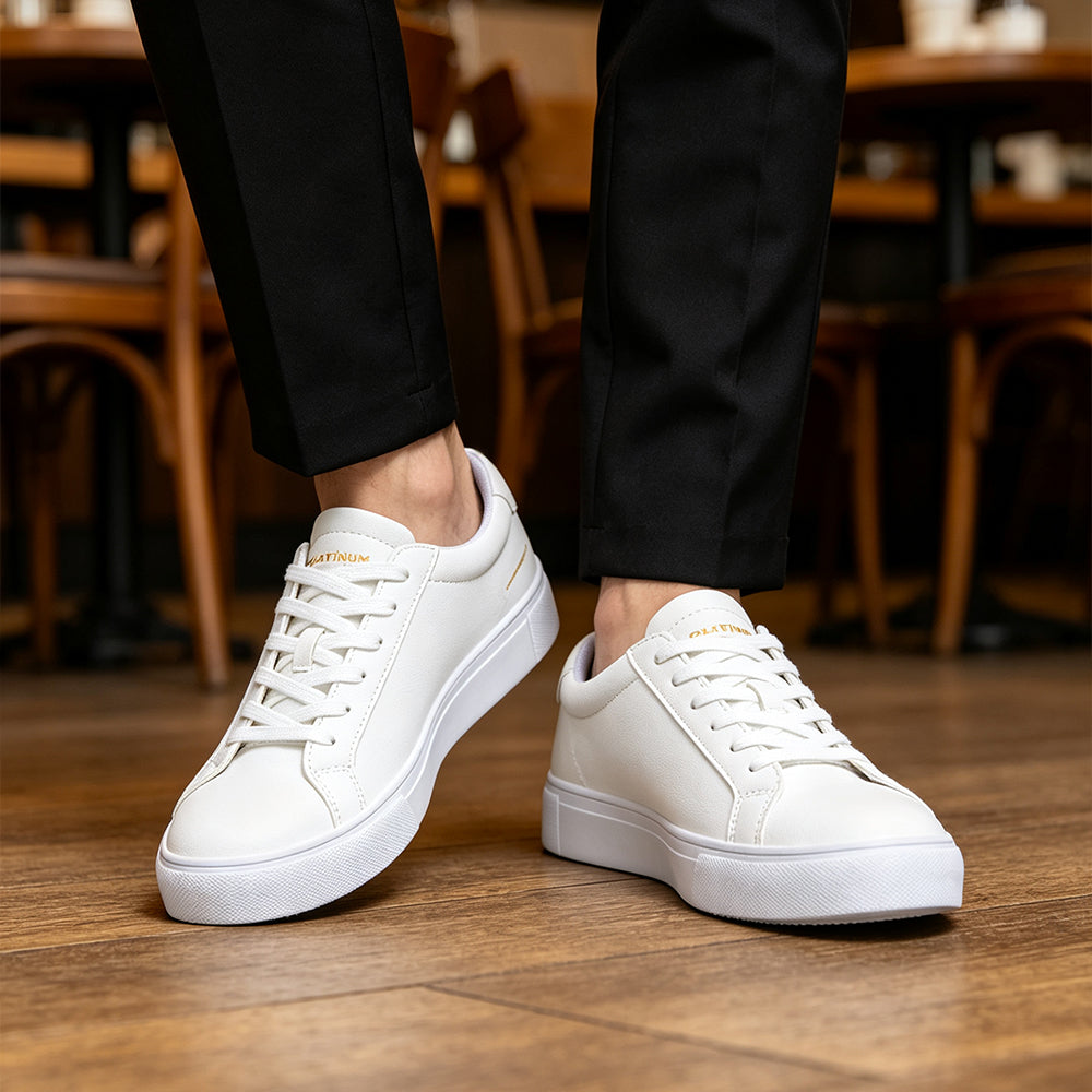en's White Leather Sneakers, Classic Low Top Casual Skate Shoes, Lightweight Waterproof White Walking Shoes, Fashion Lace Up White Sneakers for Men Daily Work Business