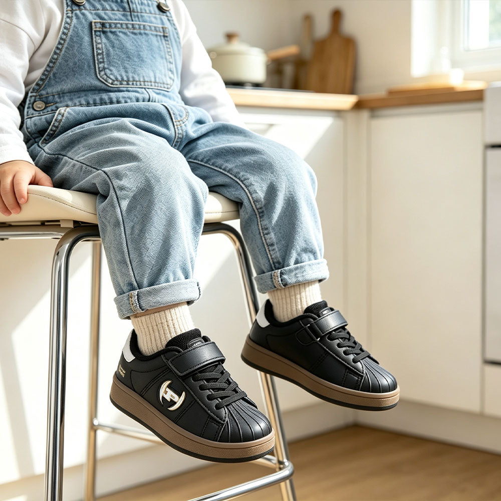Phat Farm Toddler Boys Shell Toe Sneakers, Adjustable Hook and Loop Strap Casual Walking Shoes, Non-Slip Gum Rubber Sole Leather Kids Skate Board Sneakers for Little Kids