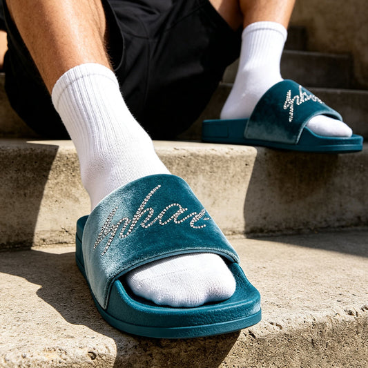 Men Luxury Velvet Slide Sandals, Sparkly Rhinestone Cursive Letter Slip On Open Toe Slippers, Soft Comfort Non-Slip Flat Casual Slides for Street, Pool, Home Daily Wear
