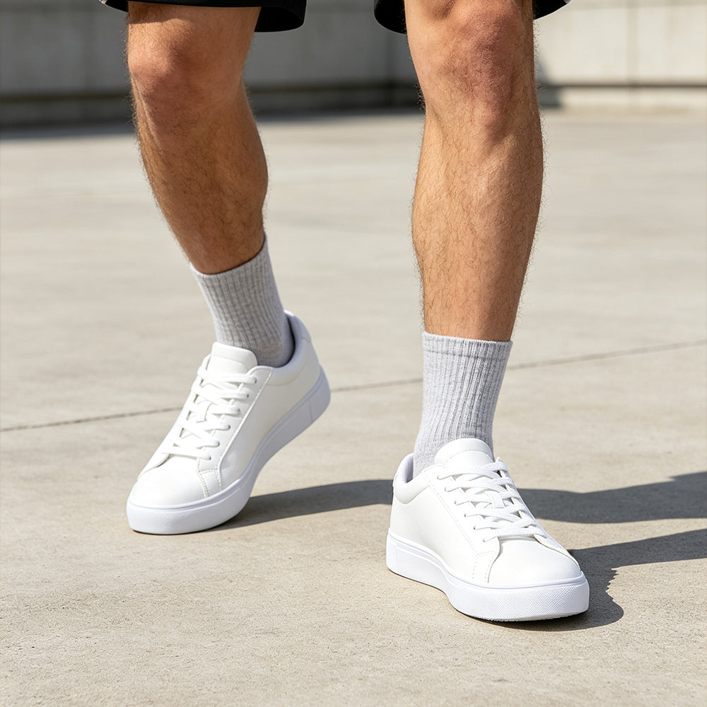 en's White Leather Sneakers, Classic Low Top Casual Skate Shoes, Lightweight Waterproof White Walking Shoes, Fashion Lace Up White Sneakers for Men Daily Work Business
