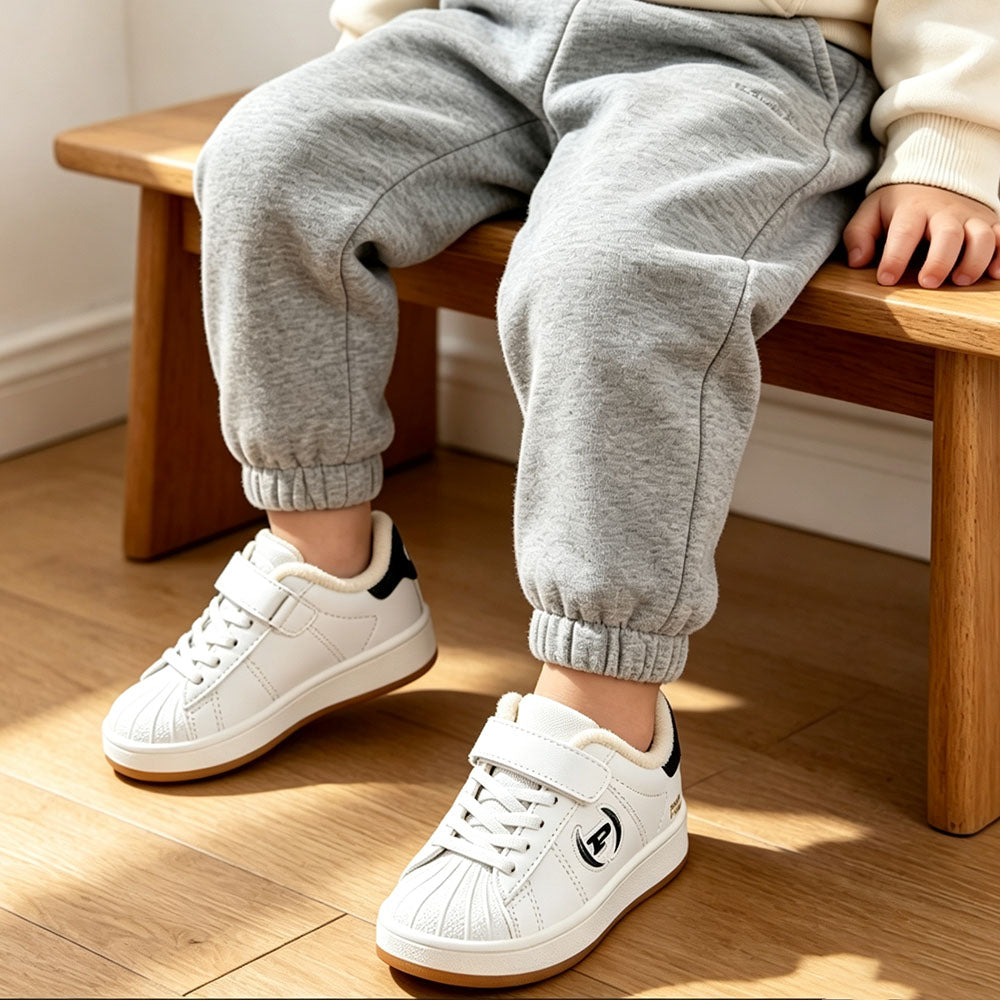 Toddler Boys Girls Warm Lined Shell Toe Sneakers, Winter Fleece Lined Kids Casual White Skate Shoes, Adjustable Hook and Loop Non Slip Rubber Sole Walking Shoes for Little Kids