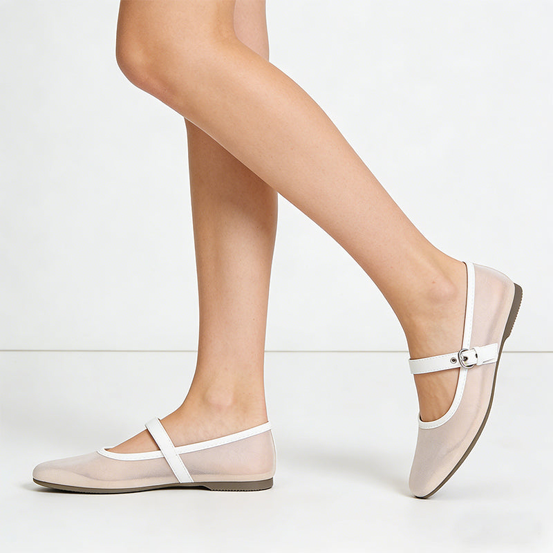 Omine Mesh Ballet Flats for Women Square Toe Mary Jane Flats Comfortable Casual Ballerina Shoes