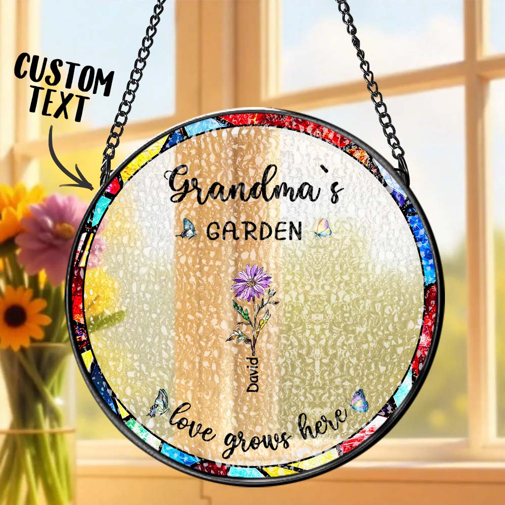 Personalized Birth Flower Glass Suncatcher with Child Name Grandma's Garden Window Hanging Gift for Grandmother