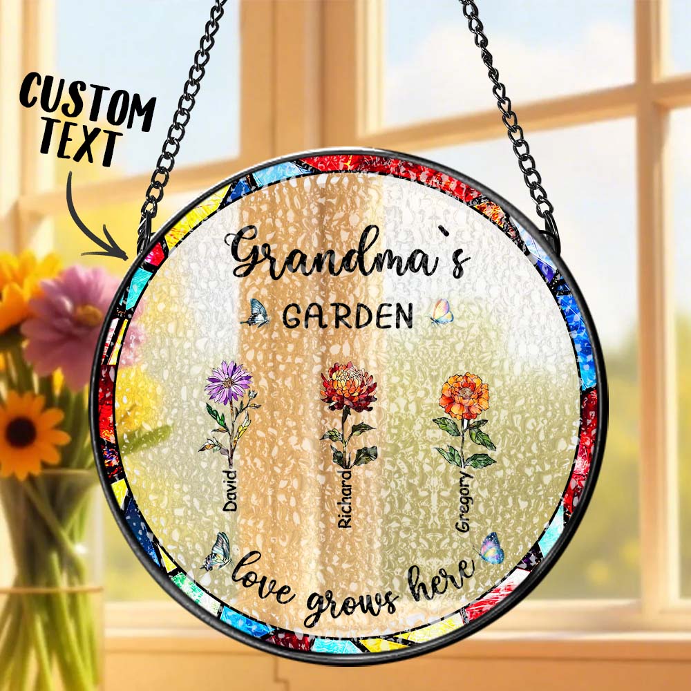 Personalized Birth Flower Glass Suncatcher with Child Name Grandma's Garden Window Hanging Gift for Grandmother
