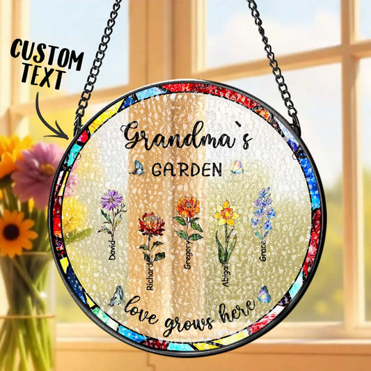Personalized Birth Flower Glass Suncatcher with Child Name Grandma's Garden Window Hanging Gift for Grandmother