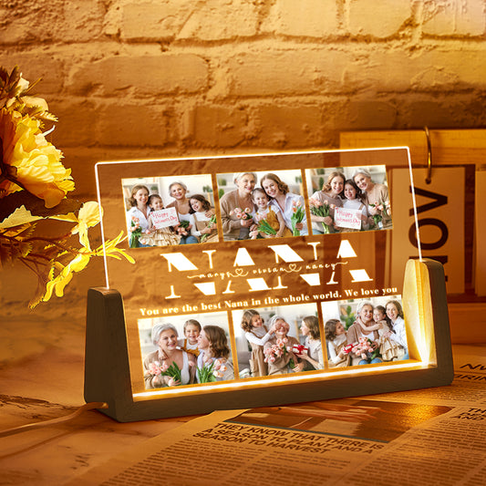 Custom Multi-Photo NANA Personalized Name Acrylic Night Light – U-Shaped Walnut Wooden Base Gift for Grandma