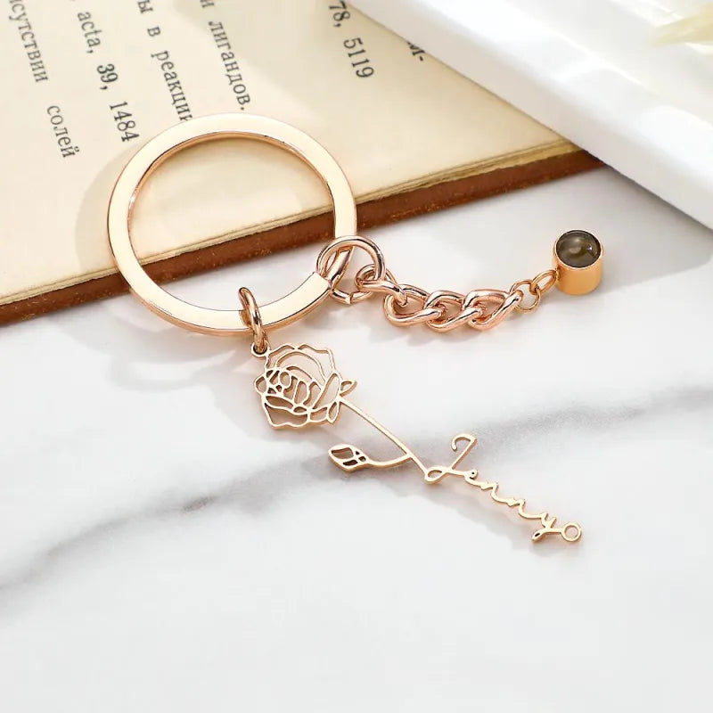 Custom Photo Projection Keychain with Birth Flower Romantic Gift Mother's Day Gift