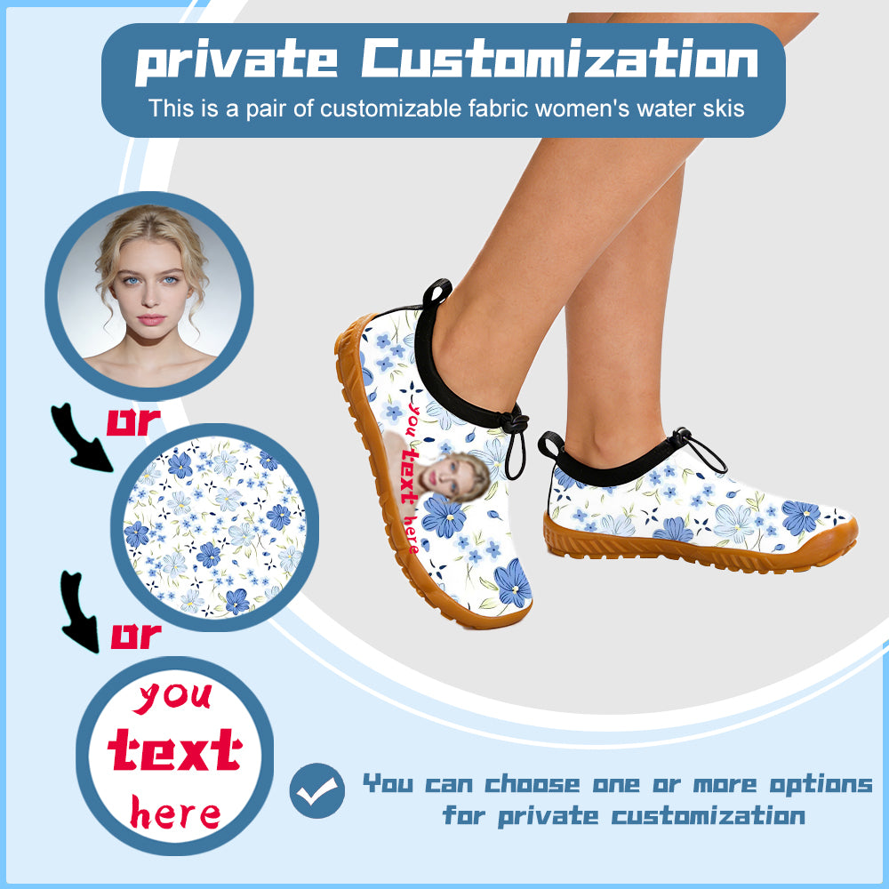 OMINE Cloth covered women's water skiing shoes - adjustable drawstring collar, white barefoot water sports socks with non slip sole, customizable