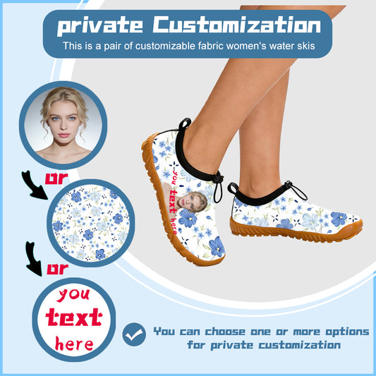 OMINE Cloth covered women's water skiing shoes - adjustable drawstring collar, white barefoot water sports socks with non slip sole, customizable