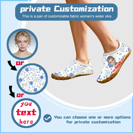 OMINE Cloth covered women's water skiing shoes - adjustable drawstring collar, white barefoot water sports socks with non slip sole, customizable