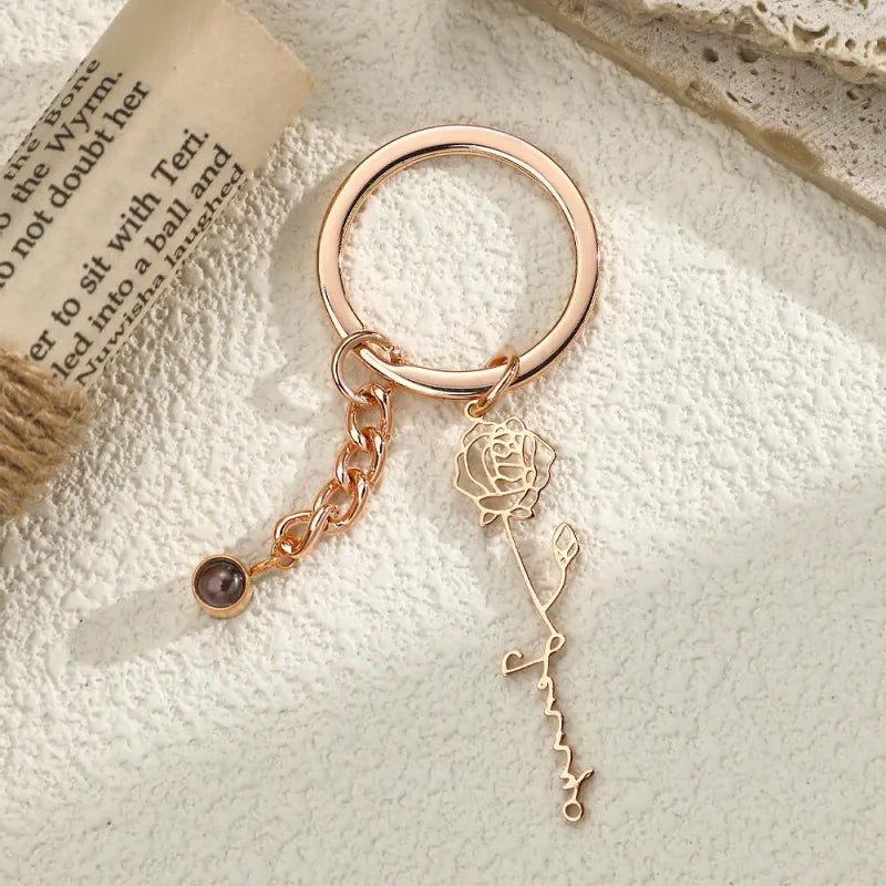 Custom Photo Projection Keychain with Birth Flower Romantic Gift Mother's Day Gift