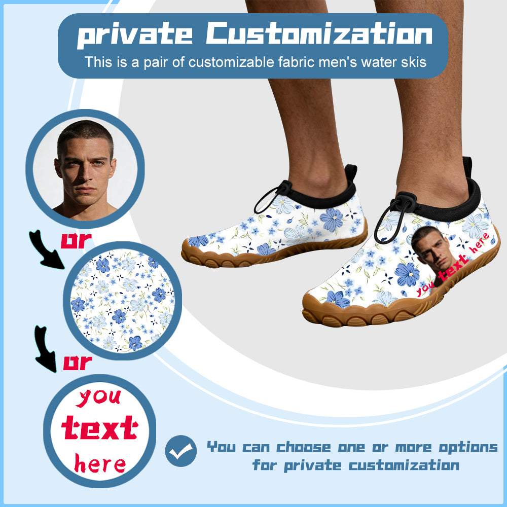 OMINE Cloth covered men's water skiing shoes - adjustable drawstring collar, black barefoot water sports socks with non slip sole, customizable