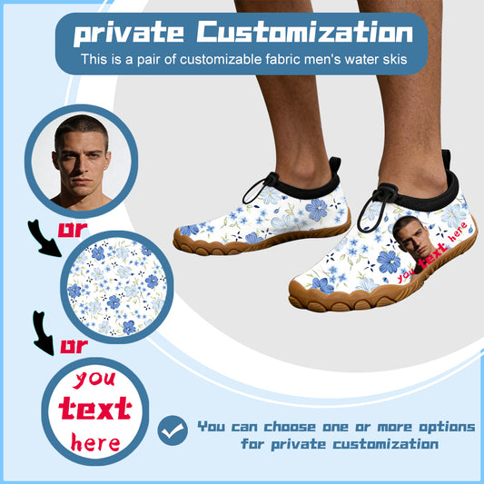 OMINE Cloth covered men's water skiing shoes - adjustable drawstring collar, black barefoot water sports socks with non slip sole, customizable