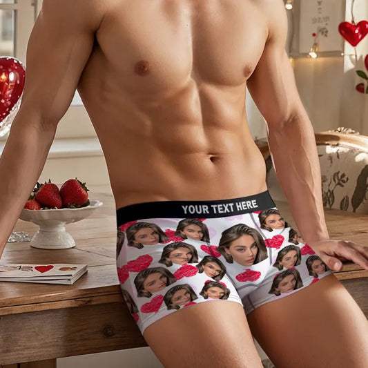 Personalized Face Boxer with Red and Pink Hearts Custom Text Men Underwear Christmas Gift Personalized Photo Funny Valentines Gift